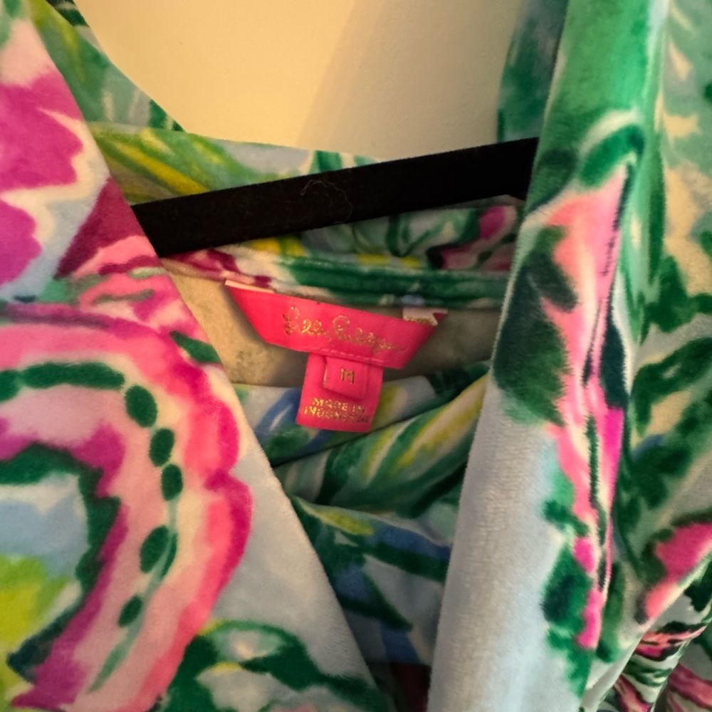 Lilly Pulitzer Tropical Hoodie in Light Blue with Pink & Green Accents - Picture 2 of 2